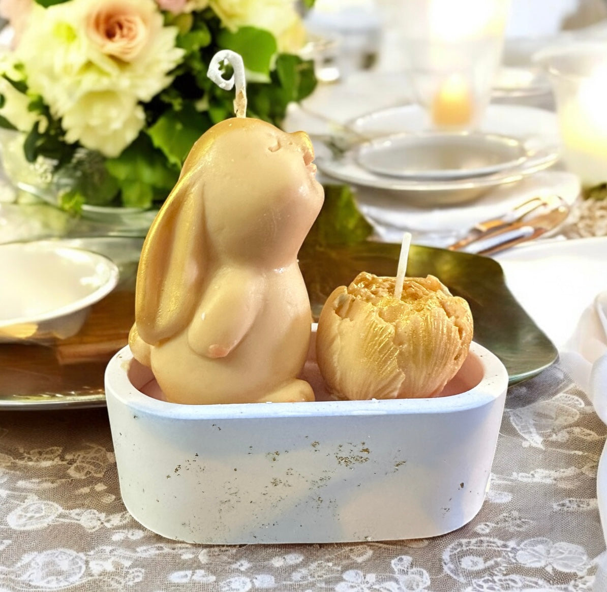 Baby peach 2 eco soy bunny & rose wax candles, oval