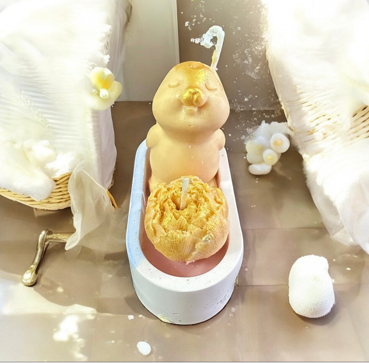 Baby peach 2 eco soy bunny & rose wax candles, oval