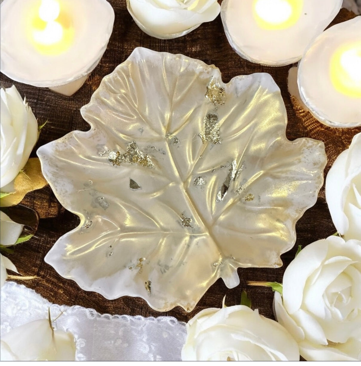 Handmade “golden” leaf Gypsum Jewelry & Candle Holder