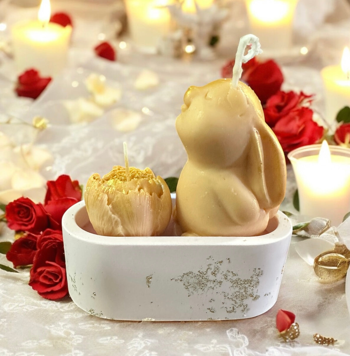 Baby peach 2 eco soy bunny & rose wax candles, oval