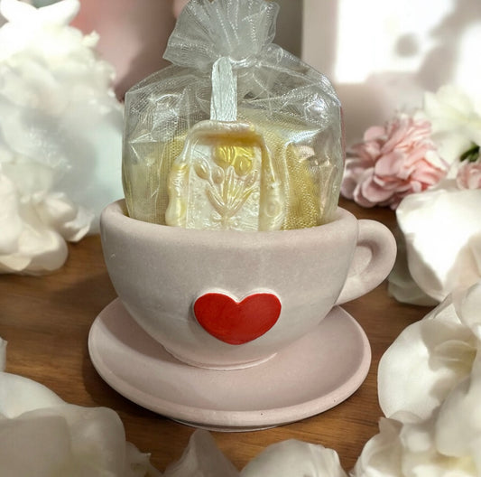 Natural Safflower, Castor Oil & Honey Body Soap in Handmade Red Heart Cup & Plate Treasure Holder Duo