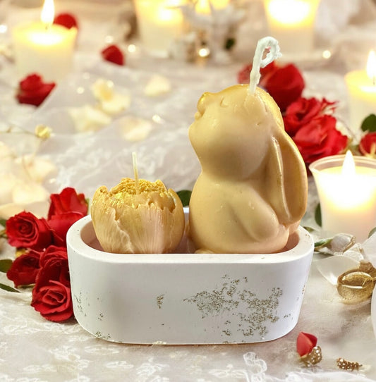 Baby peach 2 eco soy bunny & rose wax candles, oval